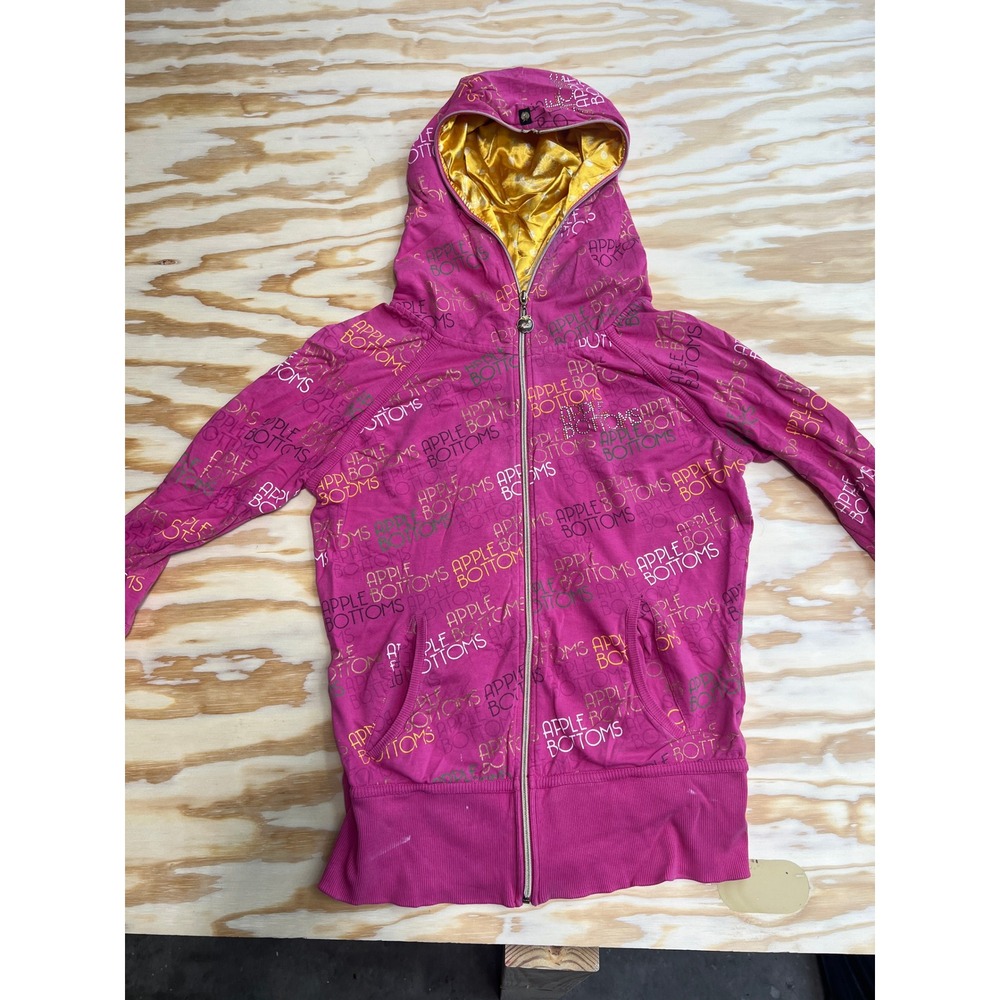 Apple Bottoms Pink Zip Hoodie Y2K All Over Print Rhinestone XL Gold Satin Hood
